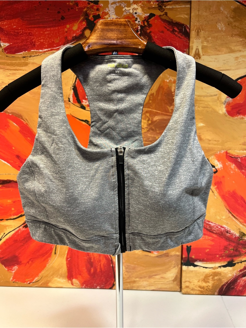 TEK GEAR Gray Front-Zip Racerback Sports Bra, XL